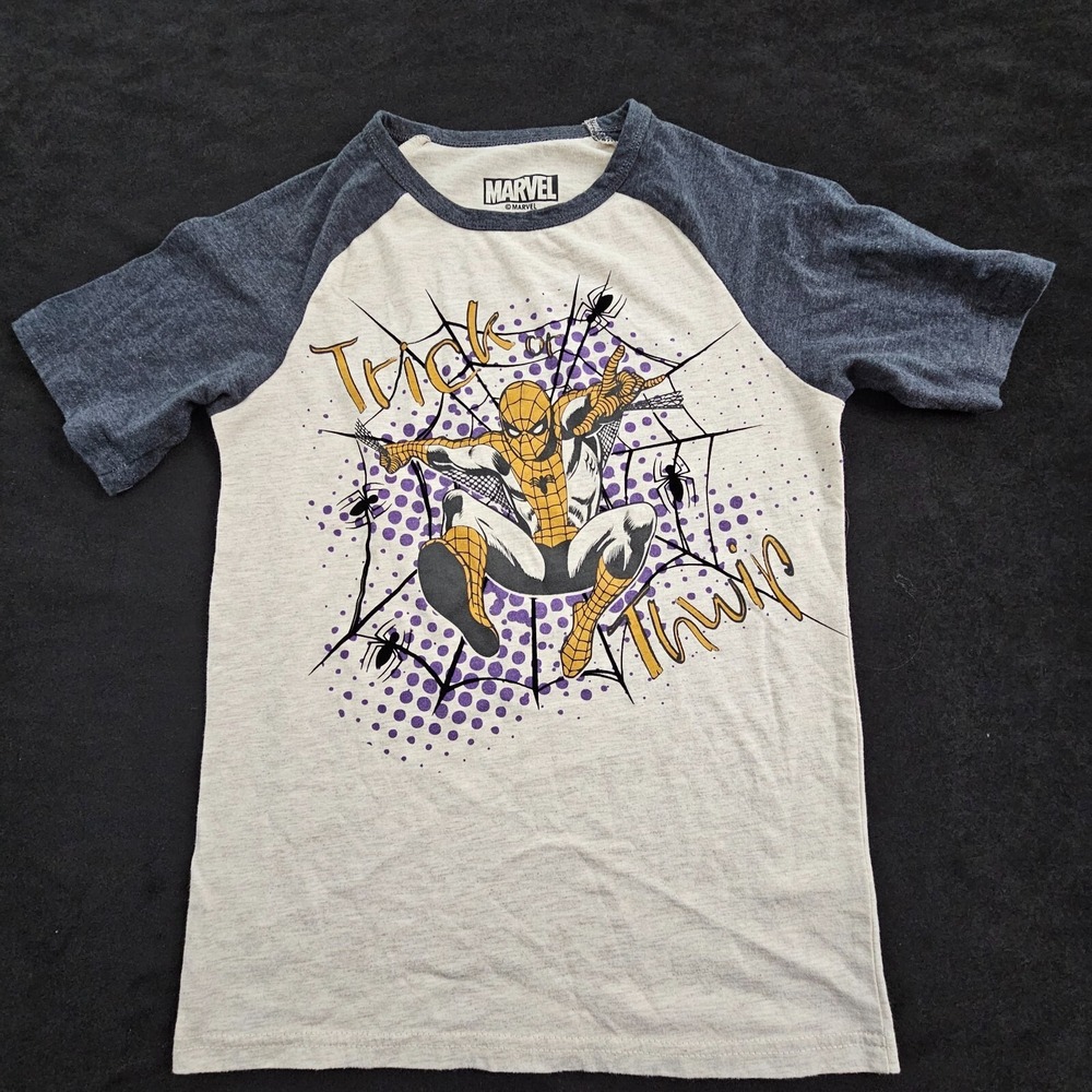 Trick or Thwip Spiderman Halloween Beige/Gray Short Sleeve T-Shirt Boys L(10/12) - Picture 1 of 5